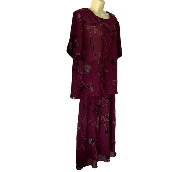 Vtg MW Modern Woman Size 18 20W Wine Red Print Flocked 2 Pc Maxi Skirt Blouse - Picture 2 of 15
